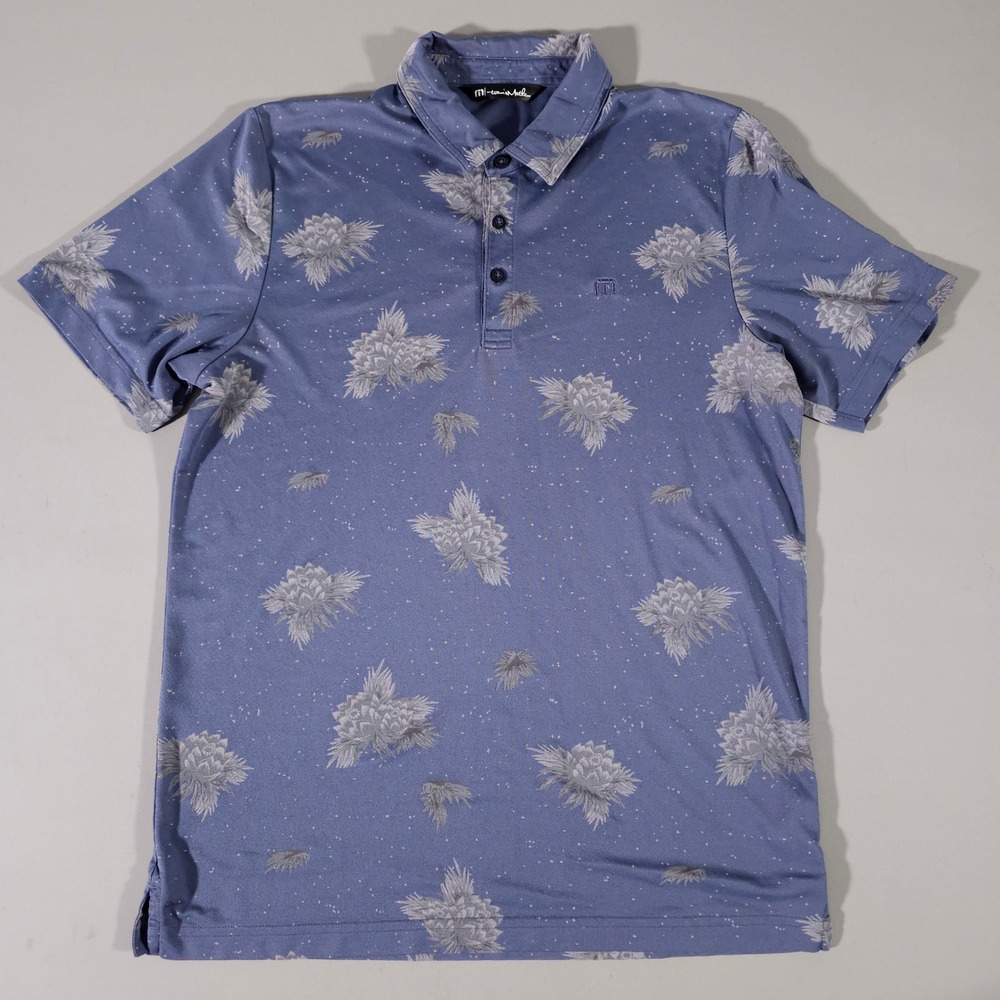 TravisMathew Polo Shirt Mens Large Blue Floral Print Short Sleeve 1MV115